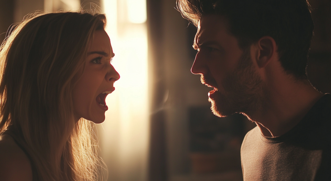 Couple in intense discussion—symbolizing emotional reactivity and communication challenges explored in therapy in Toronto