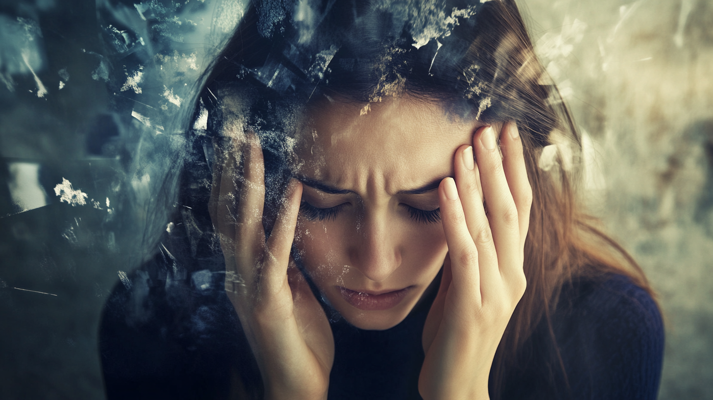 Portrait of distressed woman in shattered glass reflection—representing trauma and dissociation counselling in Toronto.