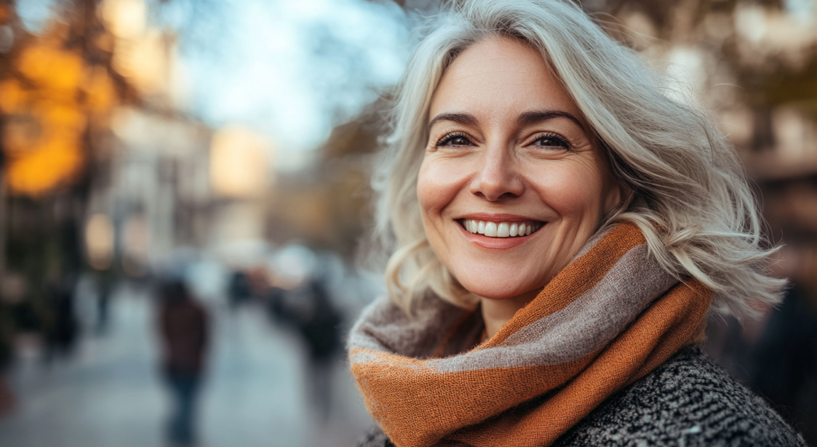Older woman smiling outdoors—depicting midlife mental wellness and personal renewal through counselling in Toronto