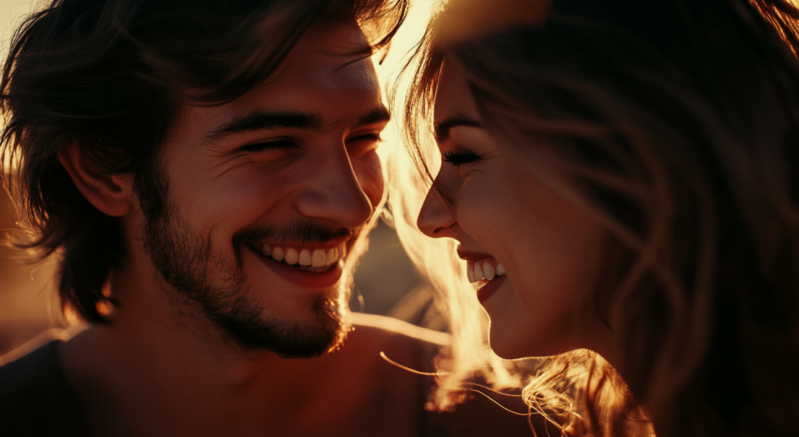 Happy couple laughing in golden sunlight—depicting relational healing and couples counselling in Toronto