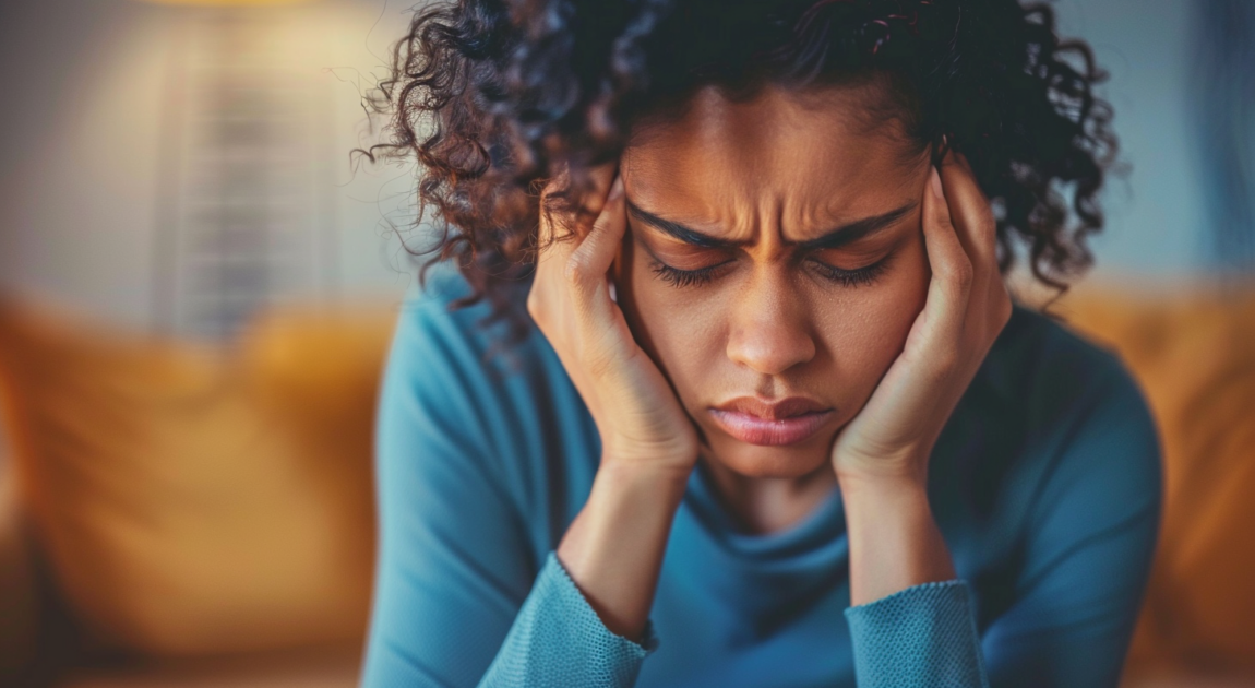Therapy client in Richmond Hill sitting with eyes closed—representing the healing process through trauma-informed counselling.