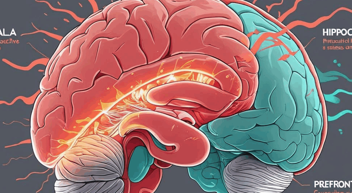 A detailed illustration depicting impact of complex ptsd on brain regions of amygdala, hippocampus, and prefrontal cortex, highlighting their roles in the stress response for an educational article in vaughan (ontario) therapy clinic.