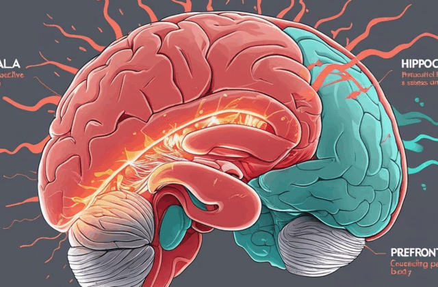 A detailed illustration depicting impact of complex ptsd on brain regions of amygdala, hippocampus, and prefrontal cortex, highlighting their roles in the stress response for an educational article in vaughan (ontario) therapy clinic.