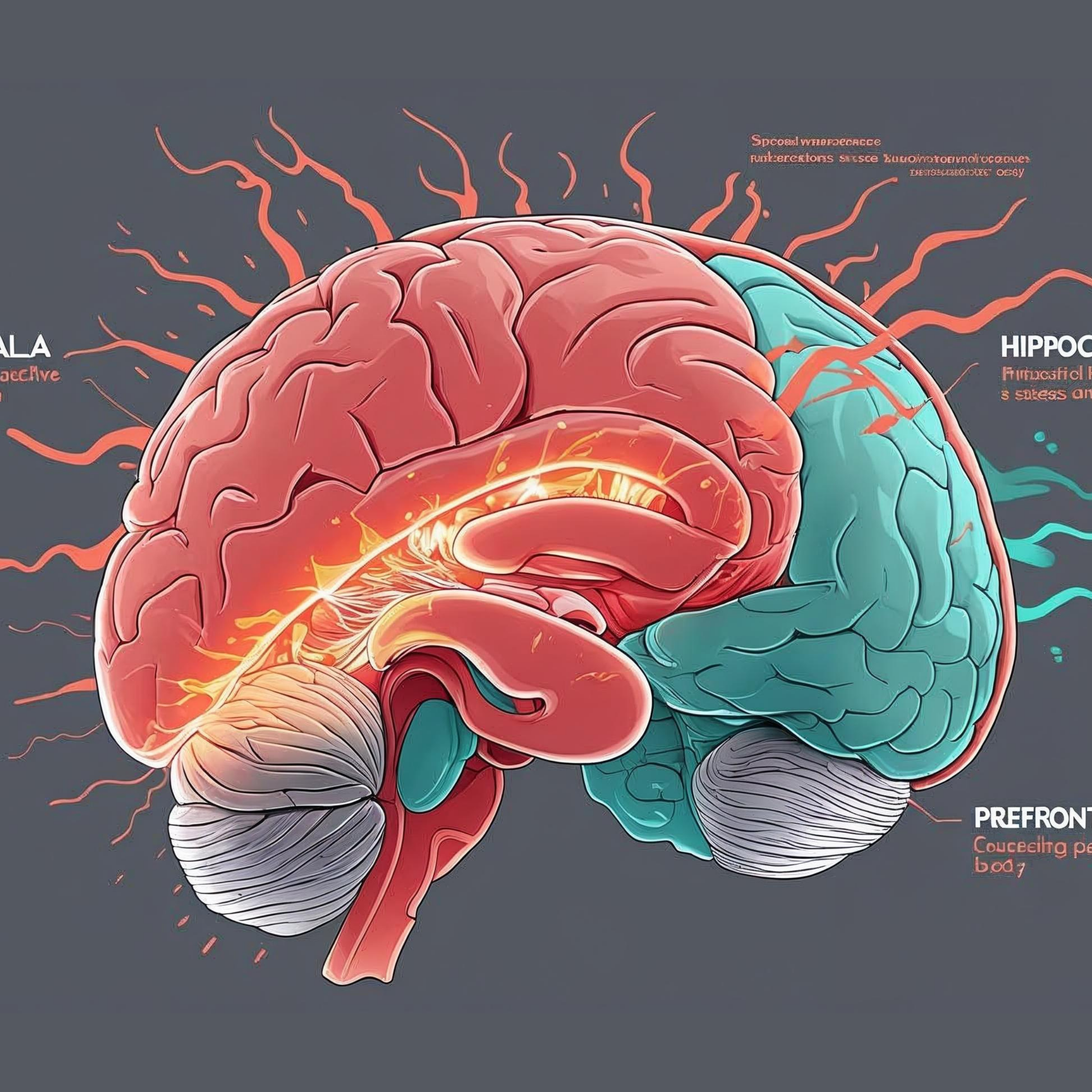 A detailed illustration depicting impact of complex ptsd on brain regions of amygdala, hippocampus, and prefrontal cortex, highlighting their roles in the stress response for an educational article in vaughan (ontario) therapy clinic.