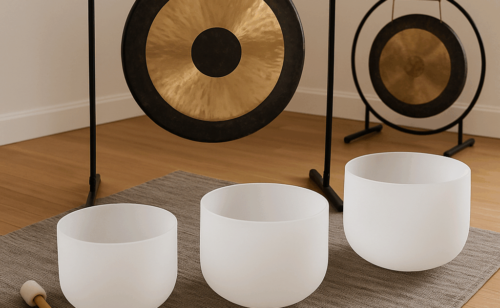 picture of singing bowls, crystal bowls, and gongs used for sound bath therapy in vaughan, woodbridge, kleinburg, maple and thornhill