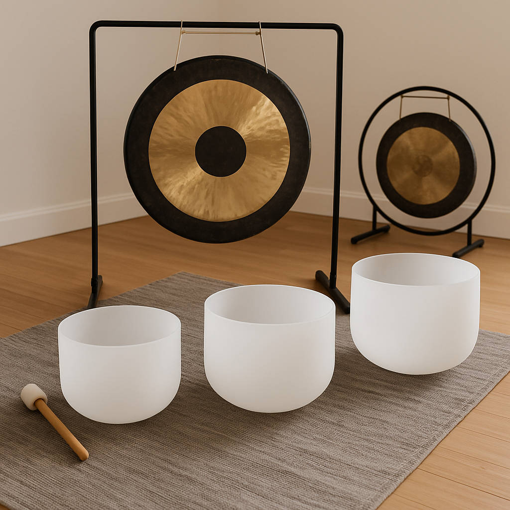 picture of singing bowls, crystal bowls, and gongs used for sound bath therapy in vaughan, woodbridge, kleinburg, maple and thornhill
