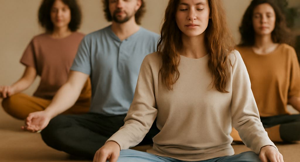 four people sitting on the floor doing guided meditation in a group at inner summits vaughan psychotherapy center