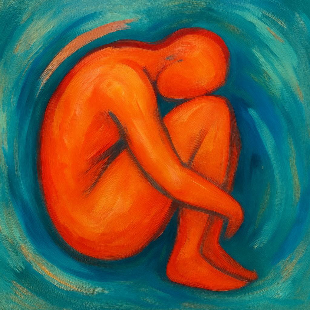 image of person curled up in tension and survival mode, when the body tightens the psoas muscle responds, psychotherapists at Vaughan and Richmond Hill can help with somatic therapy, breathwork and trauma-informed yoga practices to help you