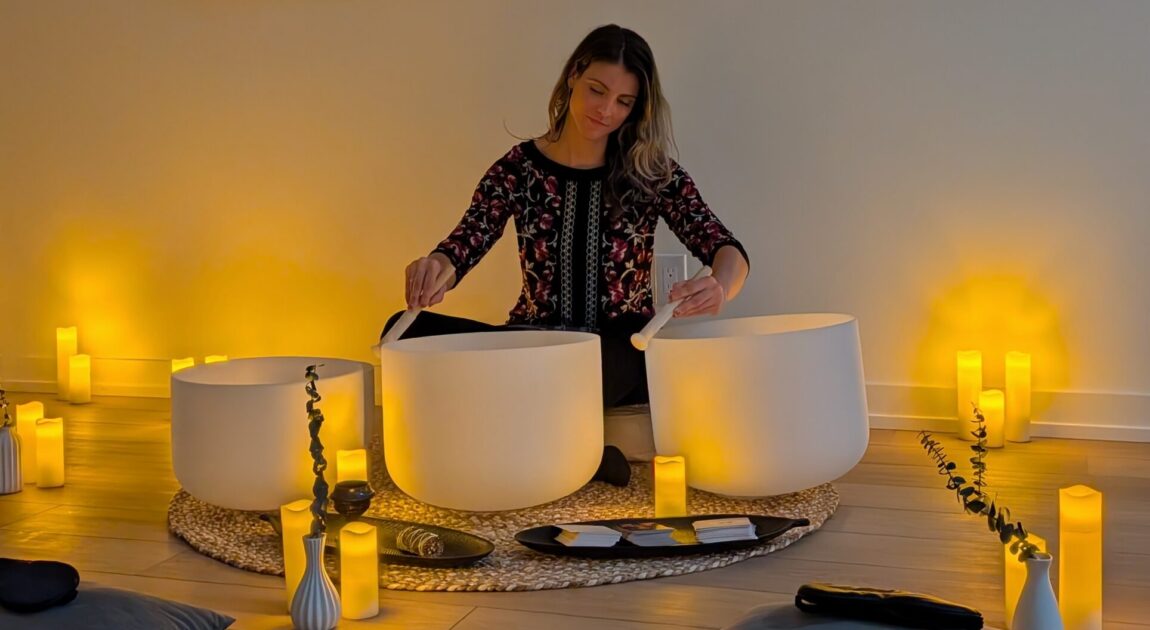trauma therapist playing sound therapy with crystals and Himalayan bowls in vaughan psychotherapy center