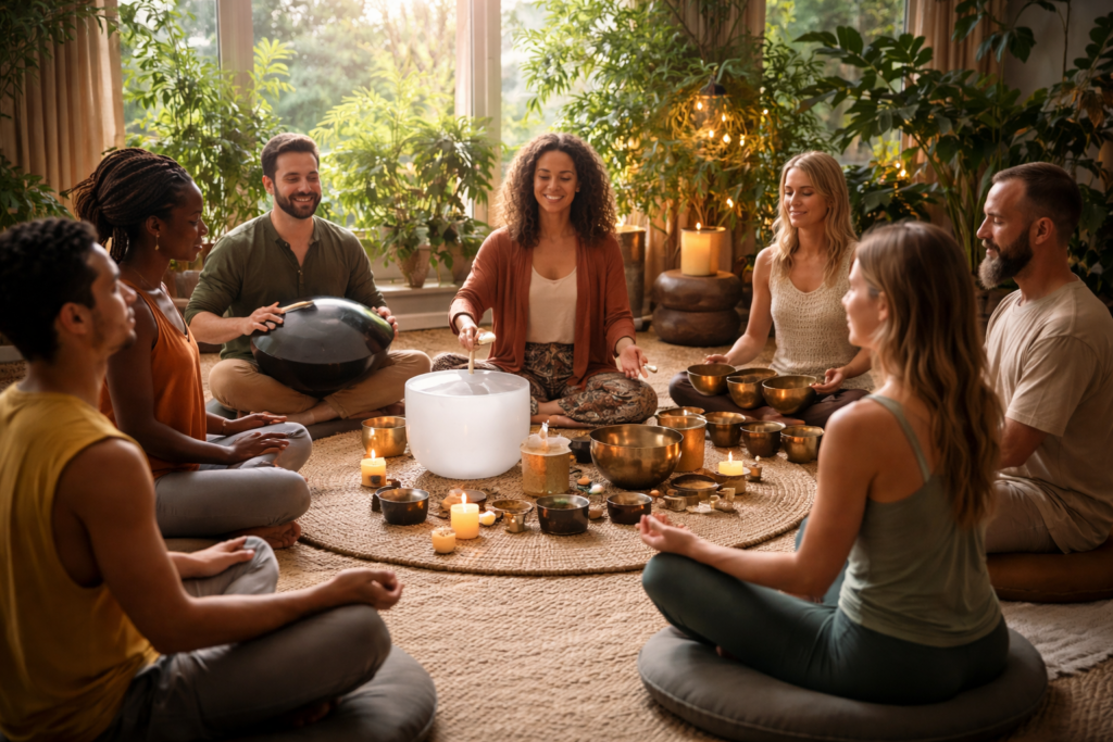 group of people sitting in music meditation at vaughan and toronto psychotherapy and counseling mindfulness clinic