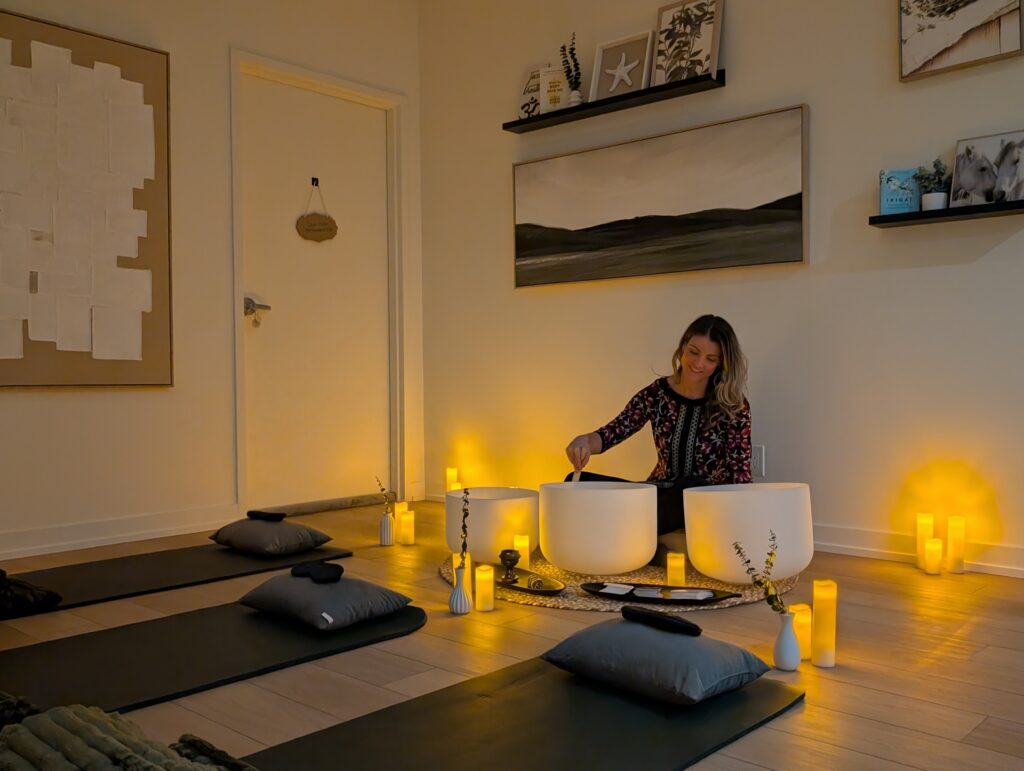 music psychotherapist woman playing crystal bowls offering trauma-informed somatic sound bath breathwork in vaughan