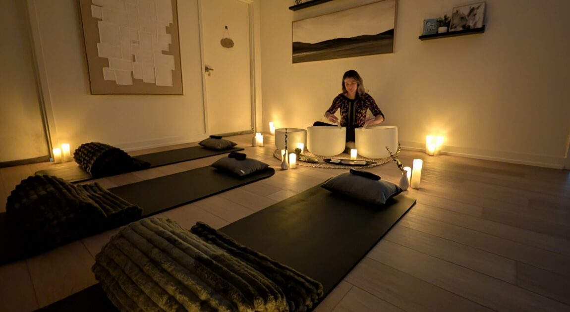 image of sound bath therapy session in vaughan, crystal bowls and Himalayan bowls to calm the nervous system